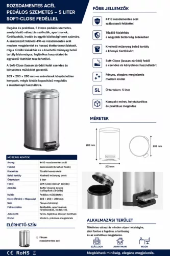 HOBBB Langeland fürdőszobai hulladékgyűjtő, 5,0 l