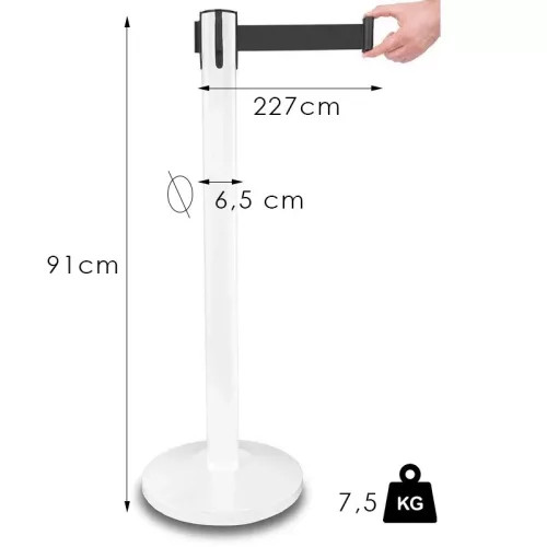 Fehér kordonoszlop, 225cm fekete szalagkazettával, 7,5kg (NO-white)