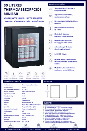30 literes üvegajtós minibár