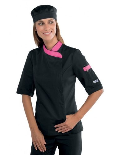Női szakácskabát - fekete-pink, rövid ujjú